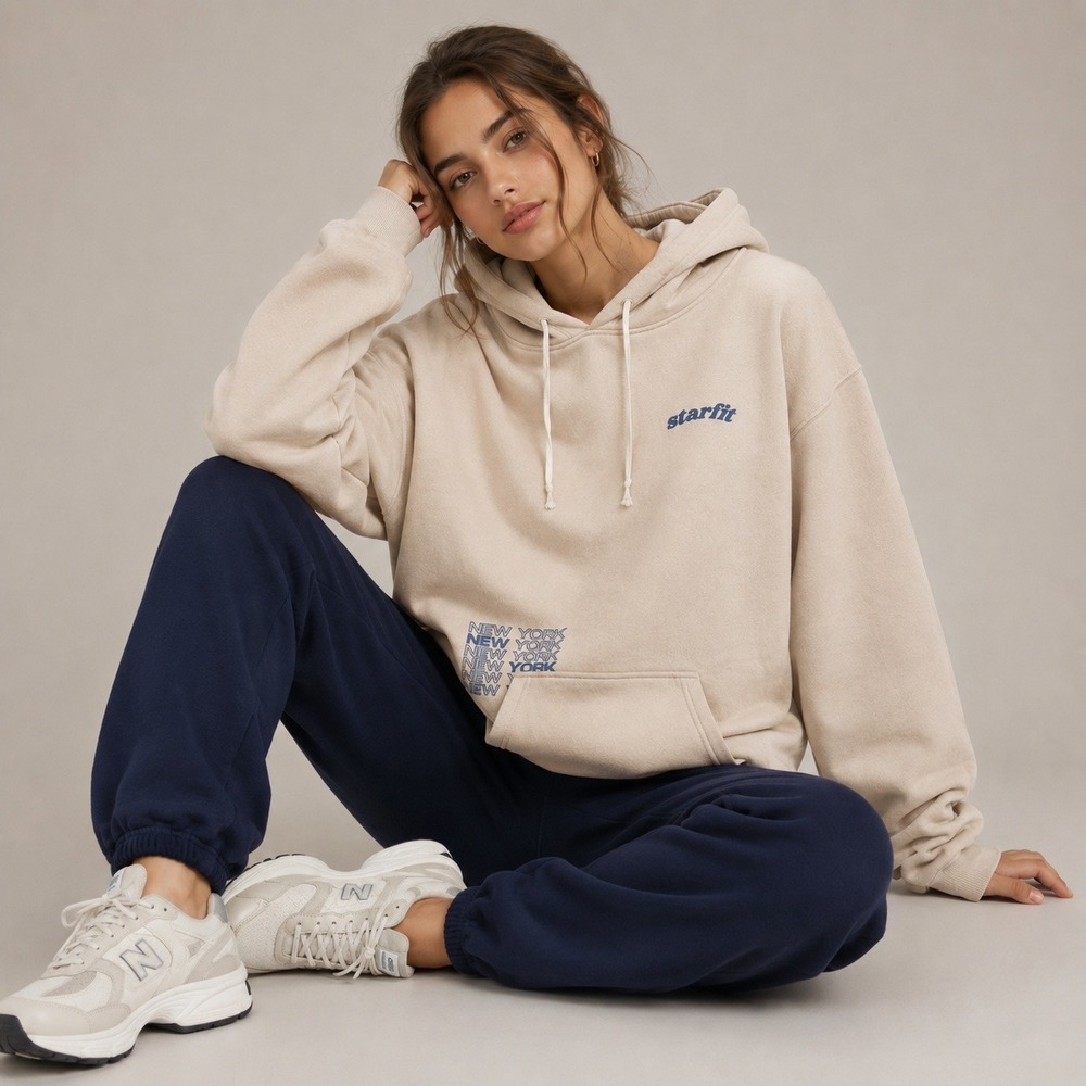 Starfit New York Graphic Hoodie Cream Beige Oversized Sweatshirt L